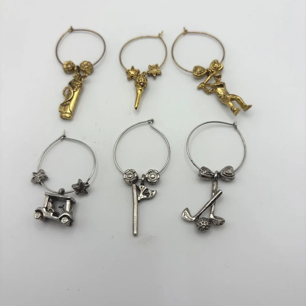 Set of 6 Golf Wine Glass Charms Gold Silver Tone Sports Themed Drink Markers